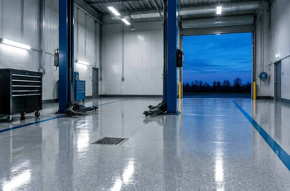 Illustration: a four-bay auto repair shop with a medium-gray epoxy floor, a two-post lift raised in one bay and painted bay lines