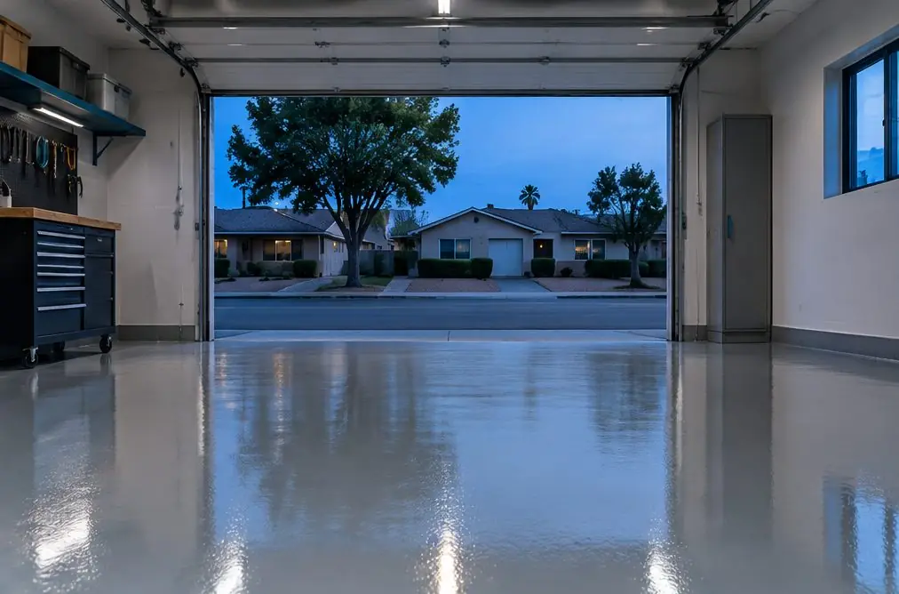 Illustration: a coated floor seen from inside, with Castle Park and Southwest Chula Vista beyond the open door