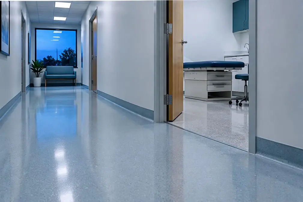 Illustration: a quiet clinic corridor with a seamless pale blue-gray floor, a coved base at the wall and an open exam room door