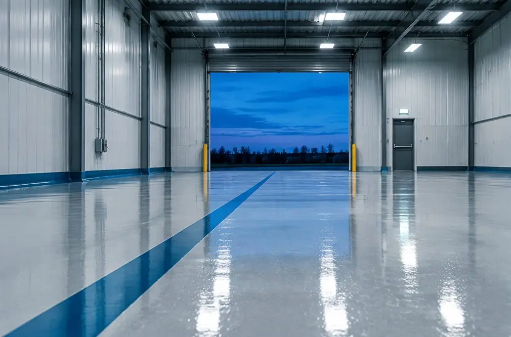Illustration: a bright commercial interior with a pale gray resinous floor, a painted lane line and a coved edge where the floor meets the wall, seen through a wide roll-up door
