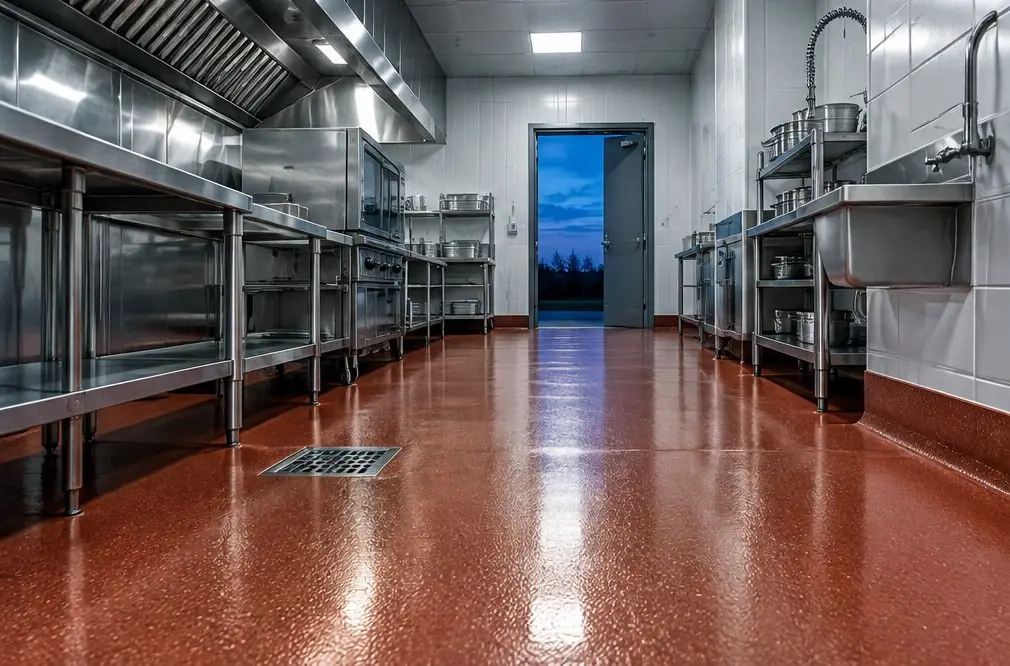 Illustration: a restaurant kitchen with one seamless terracotta-colored floor rising into a rounded wall base, a floor drain beside the dish station, steel prep tables and a hood over the range