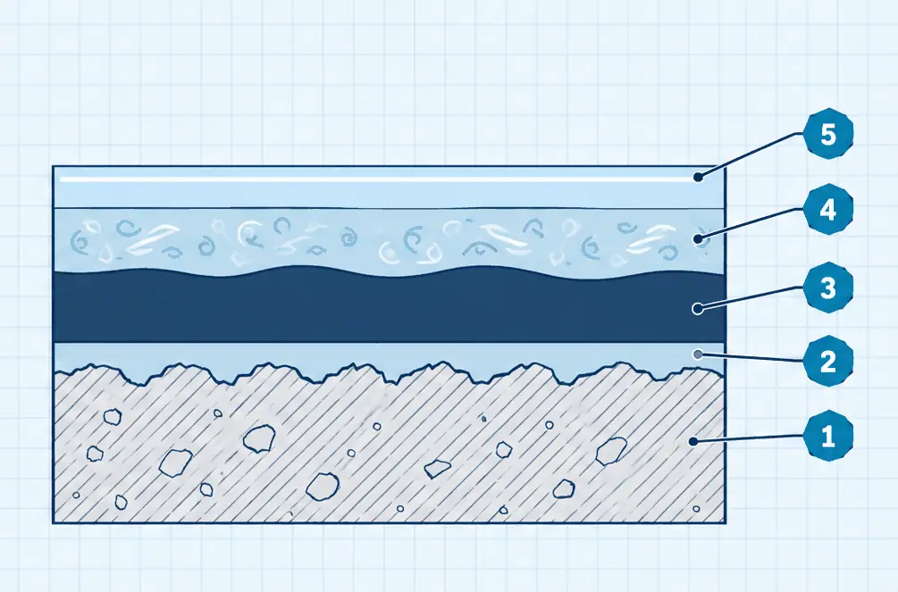 Diagram: cross-section of a metallic epoxy garage floor, ground concrete, primer, opaque base coat, a metallic pigment coat and a clear top coat