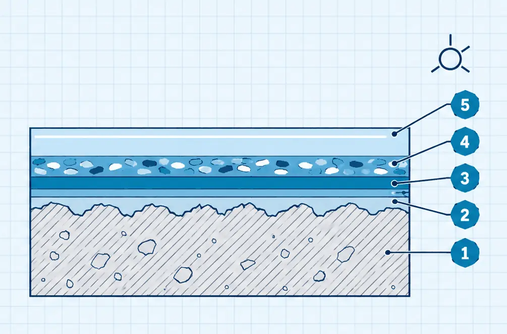 Diagram: cross-section of a polyaspartic garage floor, ground concrete, thin polyaspartic base, broadcast flakes and a polyaspartic clear top coat