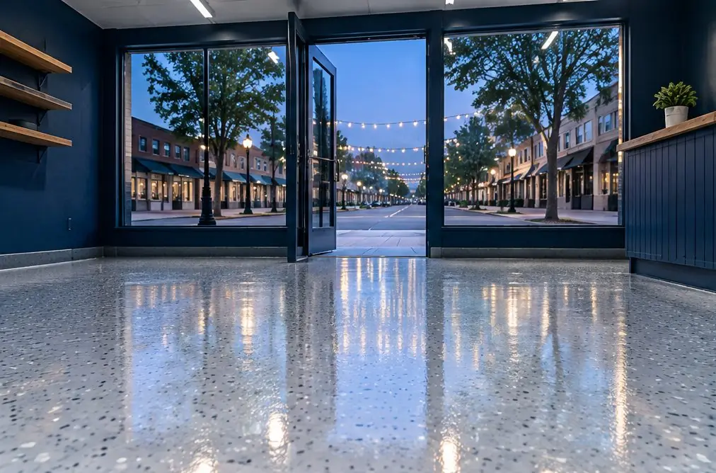 Illustration: a coated floor seen from inside, with Downtown and Third Avenue beyond the open door