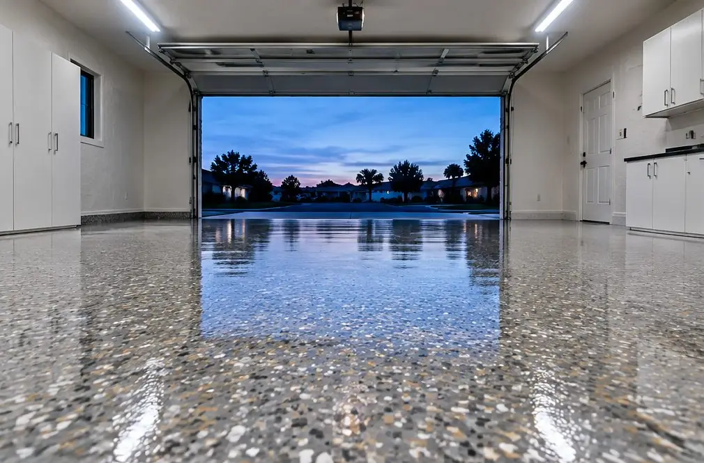 Illustration: a two-car garage with a gray, black and white flake epoxy floor, a sealed wall cabinet and the sectional door half open