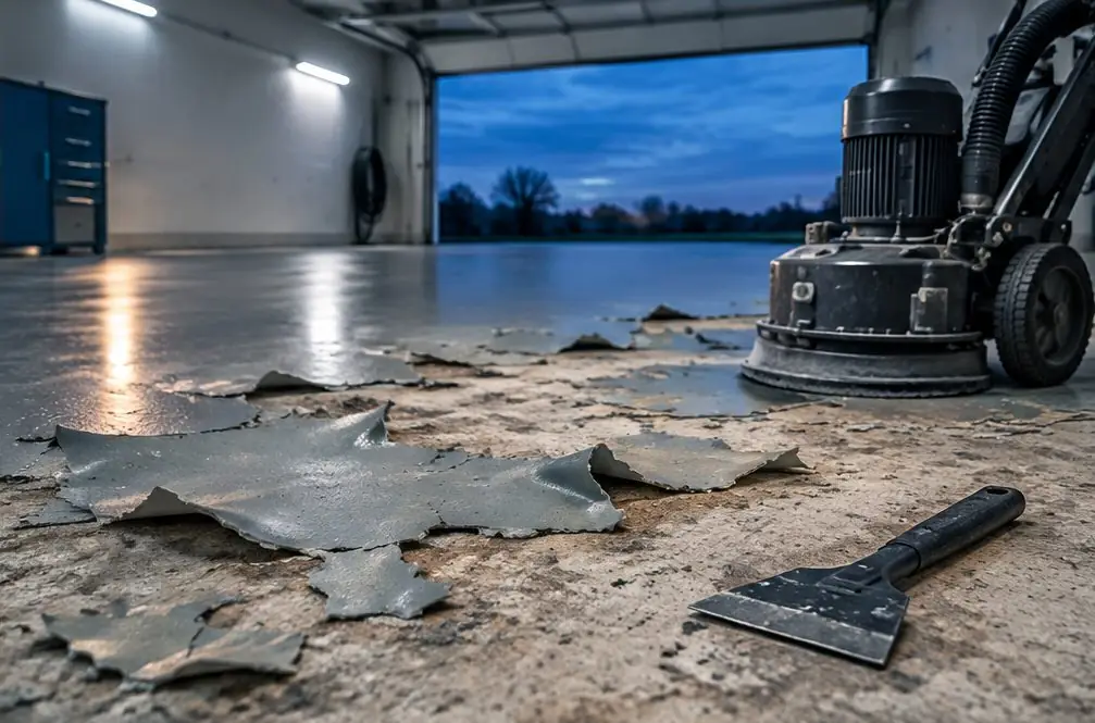 Illustration: a garage floor with curling gray paint and bare concrete patches beside a shrouded grinder, ready for removal