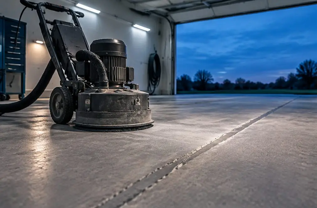 Illustration: a dust-shrouded diamond grinder with a vacuum hose on a bare concrete garage floor, one filled crack already ground flush beside it