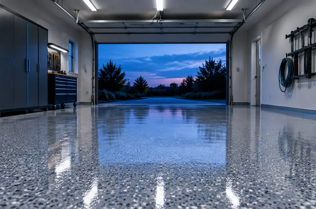Illustration: a tidy two-car garage with a gray and white flake floor under a clear gloss coat, the door open to the driveway