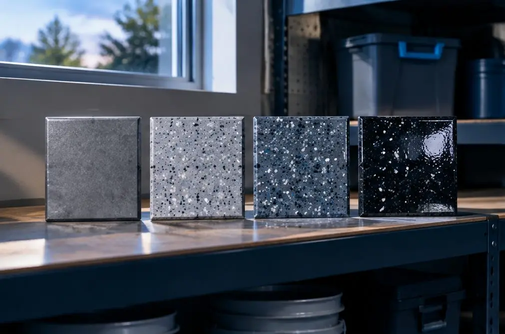 Illustration: four small coated concrete sample squares in a row on a garage shelf, from a matte gray to a glossy charcoal, lit by a side window
