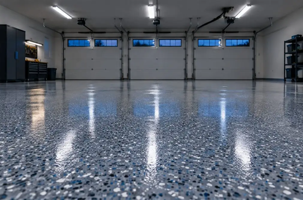 Illustration: a three-car garage floor finished in a speckled gray flake system with a glossy clear coat