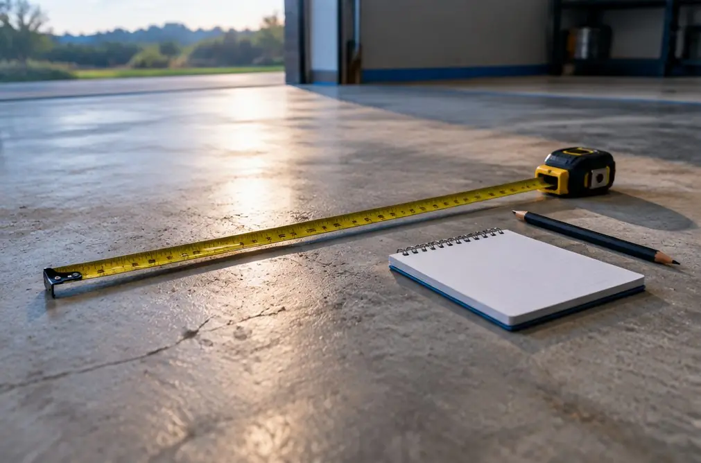 Illustration: a tape measure laid across a bare concrete garage floor with a small notepad and pencil beside it