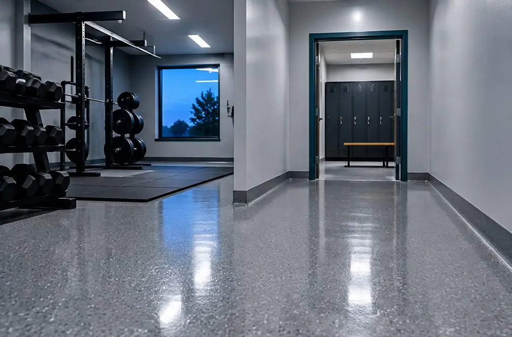 Illustration: a fitness studio corridor with a flake-coated floor and coved edge leading to a locker room, with a black rubber lifting platform visible in the background