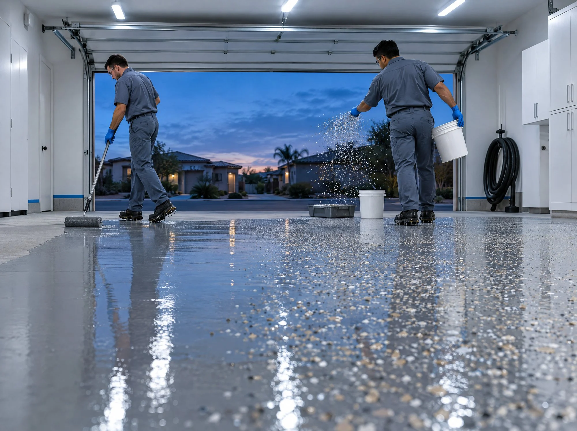 Illustration: two coating crew members in matching uniforms and clean spiked shoes in a bright two-car Chula Vista garage with the door open to daylight, one rolling the base coat while the other broadcasts color flakes by hand, no car inside (AI-generated)