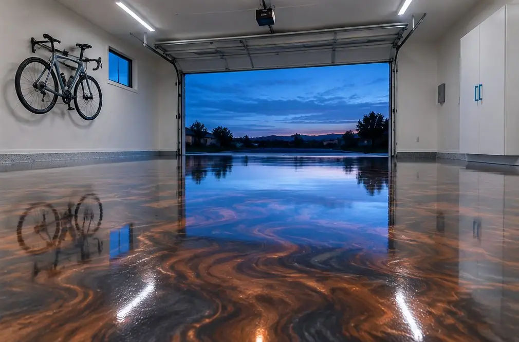 Illustration: a swirled copper and charcoal metallic epoxy garage floor under a glossy clear coat reflecting an open door in Chula Vista