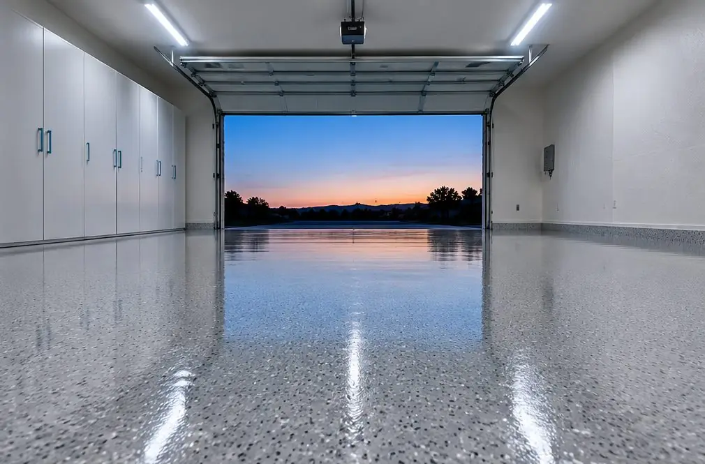 Illustration: a three-car garage with a light flake polyaspartic floor, two cars parked and one bay empty, with two entry steps up to the house door