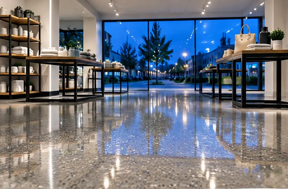 Illustration: a bright retail showroom with a glossy warm-gray flake epoxy floor, display tables and a wide front window facing a walkable downtown street