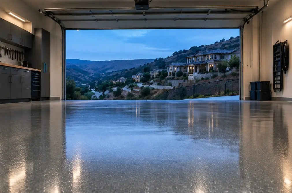 Illustration: a coated floor seen from inside, with Rolling Hills Ranch beyond the open door