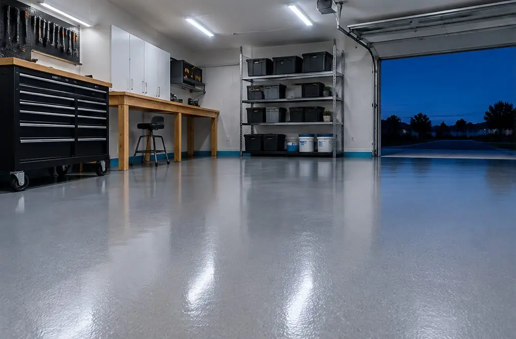 Illustration: a smooth warm-gray solid color epoxy floor in a one-car garage with a workbench along the back wall and the door open to the street