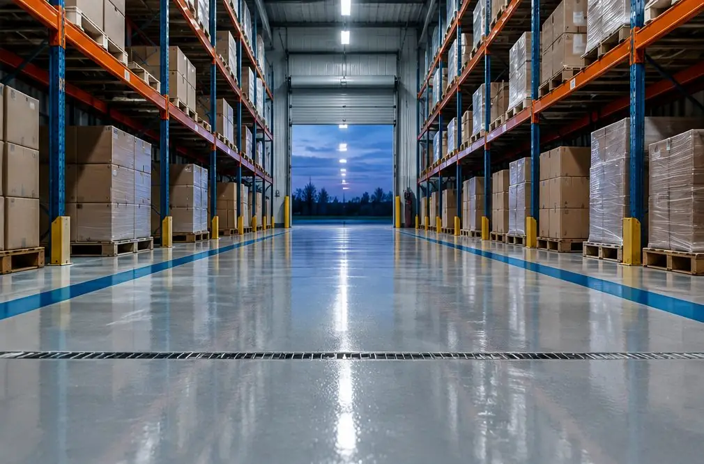 Illustration: a warehouse aisle in light-gray epoxy with painted lane lines, a filled saw-cut joint and pallet racking on both sides